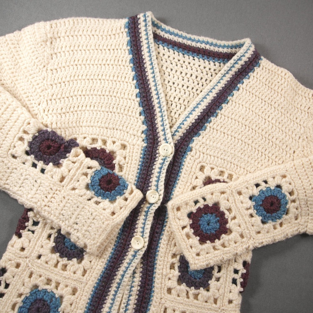 Hand Made Granny Square Geometric Floral Crochet Women Knit Cardigan M/L Coastal